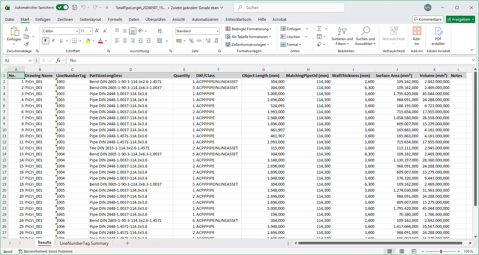 Dialog for piping length calculation with various options and output settings