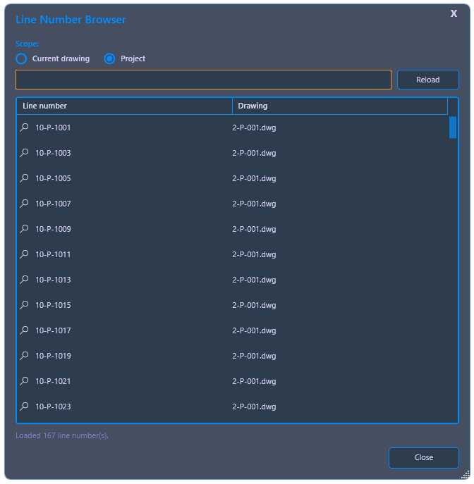 Line Number Overview dialog showing line numbers and their drawings