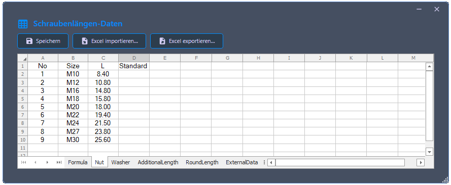 Screenshot of the FlangeBoltsByClass section in the BoltLengthCalculation.json config file
