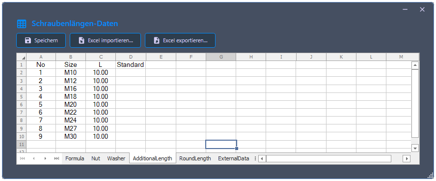 Screenshot of an Excel sheet with BoltLengthCalculation data